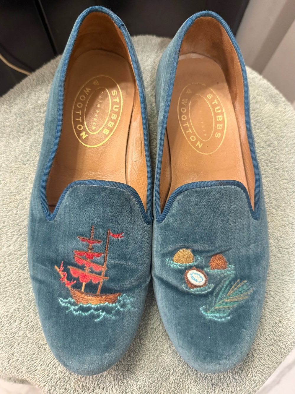 Stubbs & Wootton Blue Velvet Embroidered Smoking Loafers Men’s 9.5 Made Spain